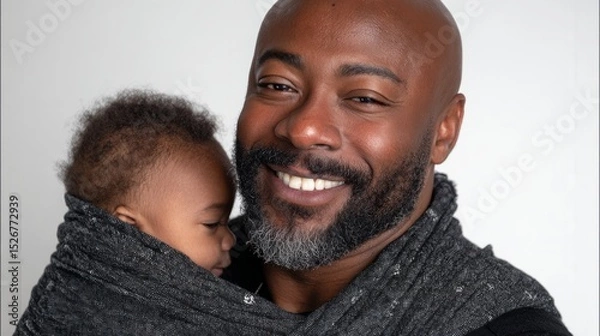 Fototapeta Photograph of a Black man with a bald head and short beard, smiling and wearing an all-black outfit. 