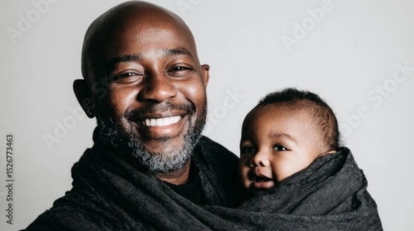 Fototapeta Photograph of a Black man with a bald head and short beard, smiling and wearing an all-black outfit. 