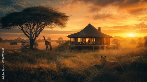 Obraz A lion resting by a tranquil pond in the savanna with a giraffe and zebras.