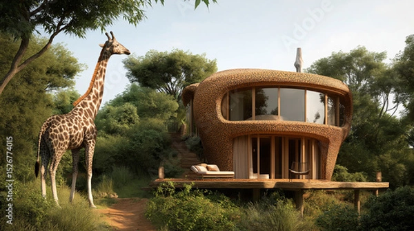 Obraz A giraffe standing, house made of natural materials with large windows.