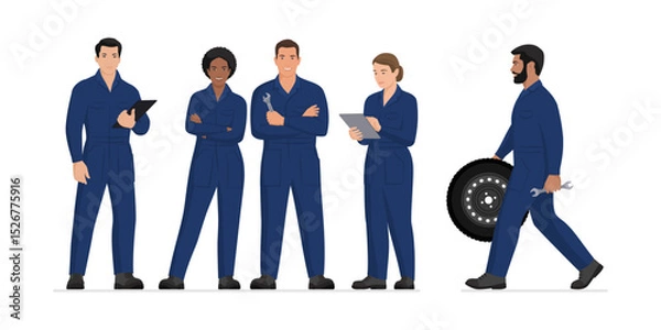 Fototapeta Group of mechanics posing together