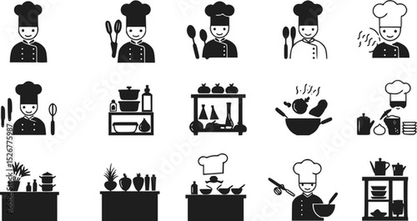 Obraz Set of black and white Chef and Kitchen icons. Silhouette flat design illustrations for Culinary, Restaurant, Menu projects.