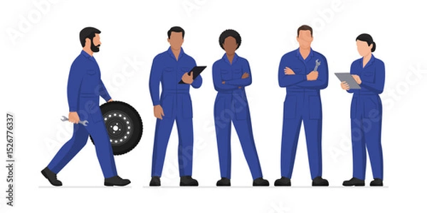 Fototapeta Group of mechanics posing together