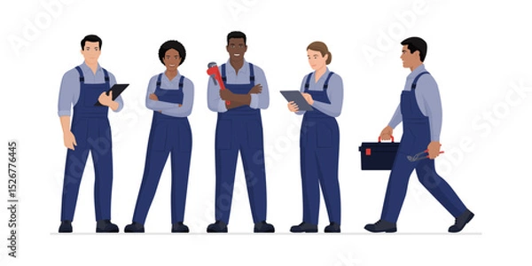 Fototapeta Professional plumbers and engineers standing together