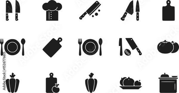 Obraz Cooking and Kitchen Icons: Knife, Cutting Board, Chef Hat, Food Silhouette Set