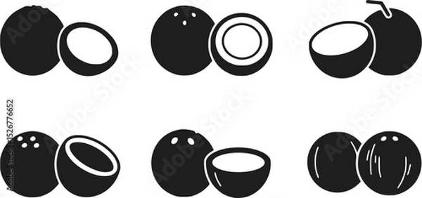 Obraz Coconut vector icons set. Whole and half coconut. Black silhouette.