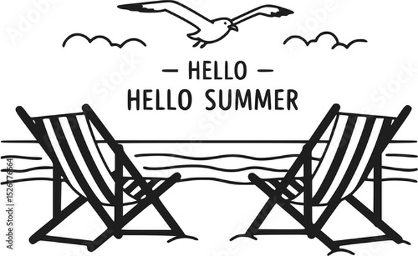 Obraz Hello Summer Beach Illustration with Chairs and Seagull