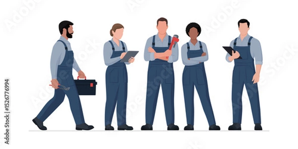 Fototapeta Professional plumbers and engineers standing together