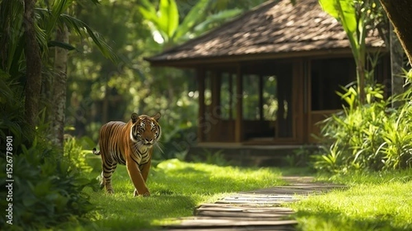 Obraz Bengal tiger walking on wooden path in tropical forest near traditional house.
