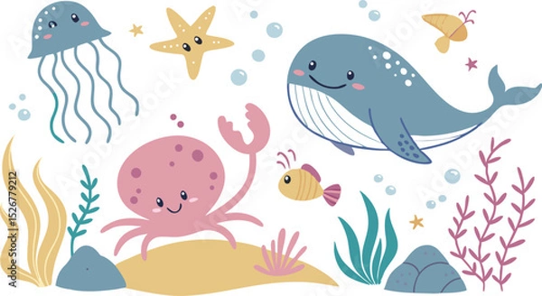 Obraz Cute marina life set with fish, whales, seaweed, marina elements for your design, childish hand drawn sea elements. playful and colorful vector illustration of cute underwater sea animals in a cartoon