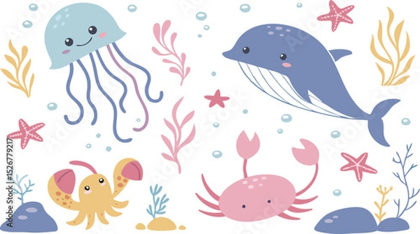 Obraz Cute marina life set with fish, whales, seaweed, marina elements for your design, childish hand drawn sea elements. playful and colorful vector illustration of cute underwater sea animals in a cartoon