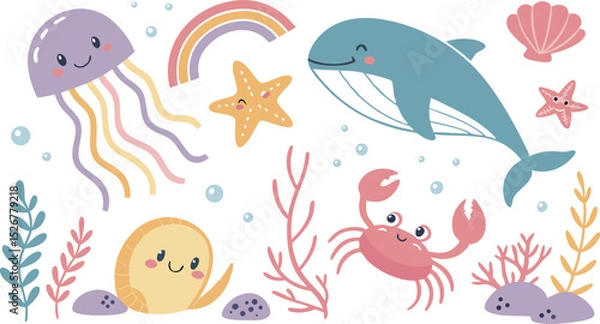 Obraz Cute marina life set with fish, whales, seaweed, marina elements for your design, childish hand drawn sea elements. playful and colorful vector illustration of cute underwater sea animals in a cartoon