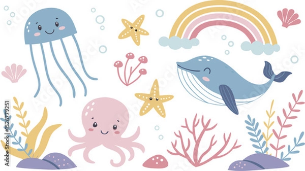 Obraz Cute marina life set with fish, whales, seaweed, marina elements for your design, childish hand drawn sea elements. playful and colorful vector illustration of cute underwater sea animals in a cartoon