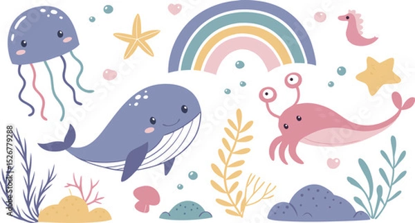 Obraz Cute marina life set with fish, whales, seaweed, marina elements for your design, childish hand drawn sea elements. playful and colorful vector illustration of cute underwater sea animals in a cartoon
