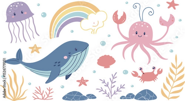 Obraz Cute marina life set with fish, whales, seaweed, marina elements for your design, childish hand drawn sea elements. playful and colorful vector illustration of cute underwater sea animals in a cartoon