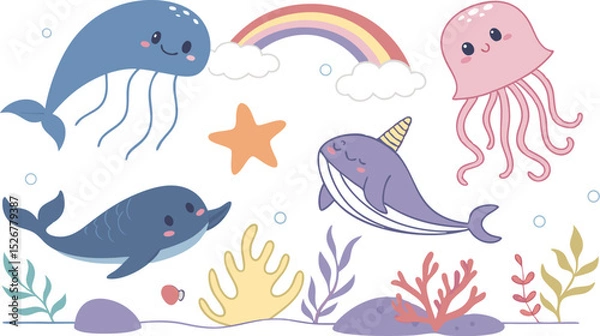 Obraz Cute marina life set with fish, whales, seaweed, marina elements for your design, childish hand drawn sea elements. playful and colorful vector illustration of cute underwater sea animals in a cartoon