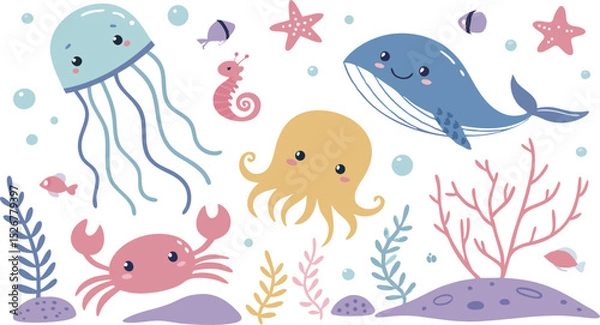 Obraz Cute marina life set with fish, whales, seaweed, marina elements for your design, childish hand drawn sea elements. playful and colorful vector illustration of cute underwater sea animals in a cartoon