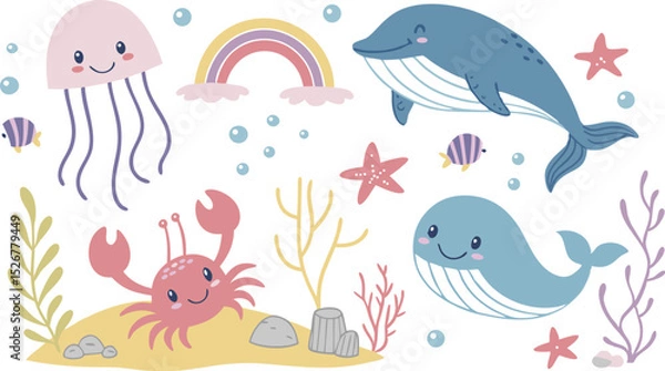Obraz Cute marina life set with fish, whales, seaweed, marina elements for your design, childish hand drawn sea elements. playful and colorful vector illustration of cute underwater sea animals in a cartoon