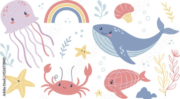 Obraz Cute marina life set with fish, whales, seaweed, marina elements for your design, childish hand drawn sea elements. playful and colorful vector illustration of cute underwater sea animals in a cartoon