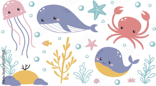 Obraz Cute marina life set with fish, whales, seaweed, marina elements for your design, childish hand drawn sea elements. playful and colorful vector illustration of cute underwater sea animals in a cartoon