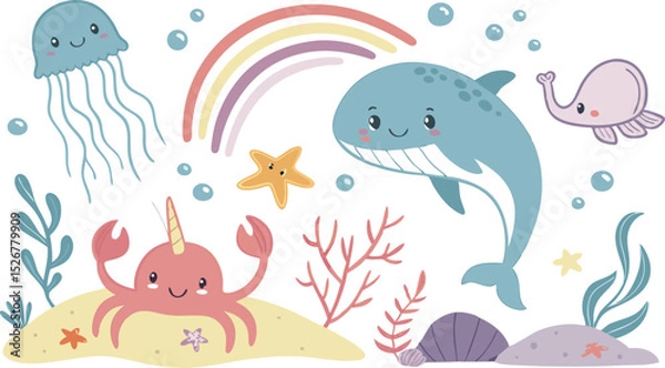 Obraz Cute marina life set with fish, whales, seaweed, marina elements for your design, childish hand drawn sea elements. playful and colorful vector illustration of cute underwater sea animals in a cartoon
