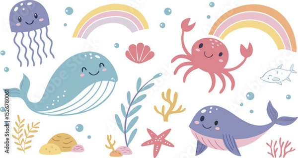 Fototapeta Cute marina life set with fish, whales, seaweed, marina elements for your design, childish hand drawn sea elements. playful and colorful vector illustration of cute underwater sea animals in a cartoon