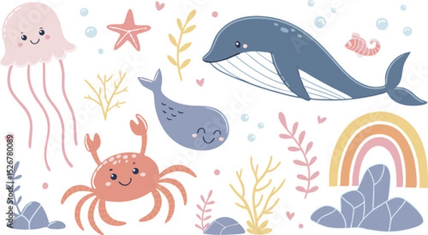 Obraz Cute marina life set with fish, whales, seaweed, marina elements for your design, childish hand drawn sea elements. playful and colorful vector illustration of cute underwater sea animals in a cartoon