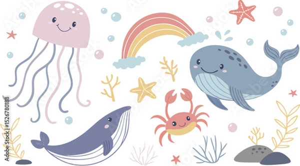 Obraz Cute marina life set with fish, whales, seaweed, marina elements for your design, childish hand drawn sea elements. playful and colorful vector illustration of cute underwater sea animals in a cartoon