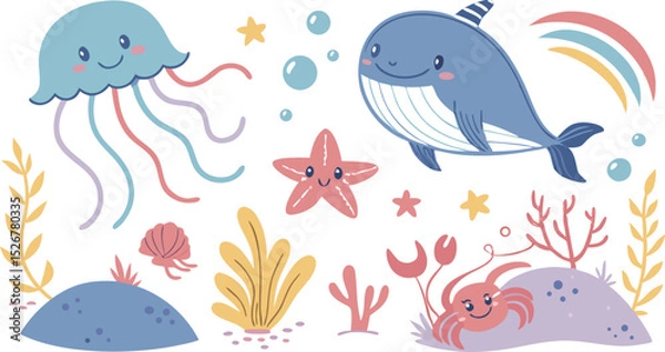 Obraz Cute marina life set with fish, whales, seaweed, marina elements for your design, childish hand drawn sea elements. playful and colorful vector illustration of cute underwater sea animals in a cartoon