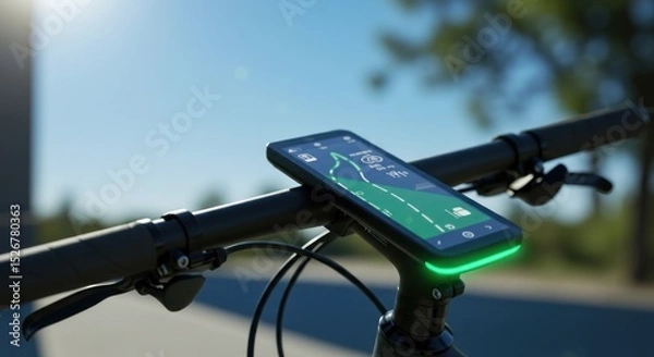 Fototapeta Smartphone mounted on bicycle handlebar