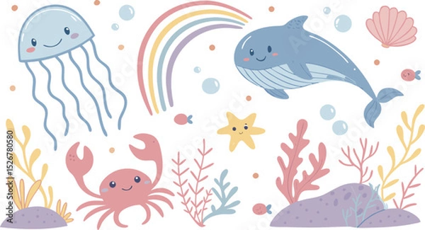 Obraz Cute marina life set with fish, whales, seaweed, marina elements for your design, childish hand drawn sea elements. playful and colorful vector illustration of cute underwater sea animals in a cartoon