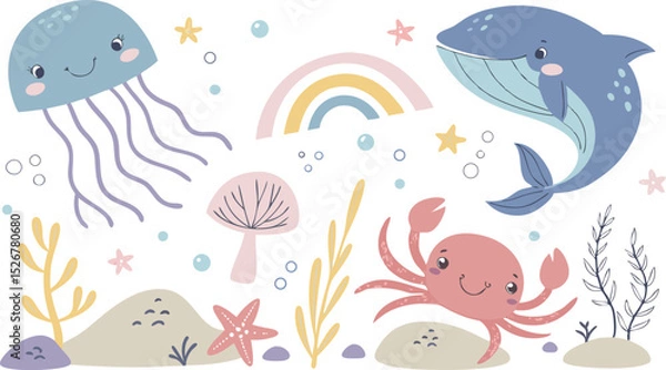 Obraz Cute marina life set with fish, whales, seaweed, marina elements for your design, childish hand drawn sea elements. playful and colorful vector illustration of cute underwater sea animals in a cartoon