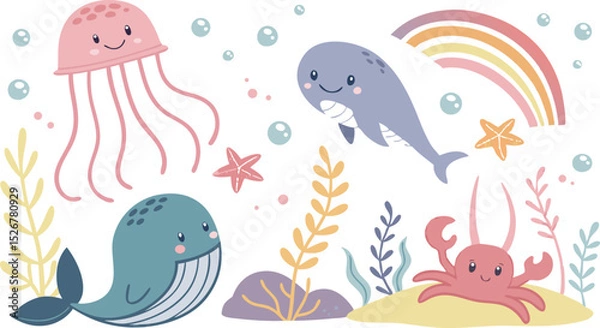 Obraz Cute marina life set with fish, whales, seaweed, marina elements for your design, childish hand drawn sea elements. playful and colorful vector illustration of cute underwater sea animals in a cartoon