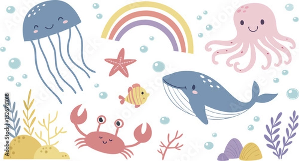 Obraz Cute marina life set with fish, whales, seaweed, marina elements for your design, childish hand drawn sea elements. playful and colorful vector illustration of cute underwater sea animals in a cartoon