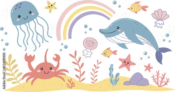 Obraz Cute marina life set with fish, whales, seaweed, marina elements for your design, childish hand drawn sea elements. playful and colorful vector illustration of cute underwater sea animals in a cartoon