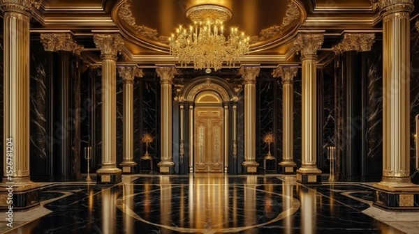 Obraz Elegant black palace hall with golden details and marble flooring