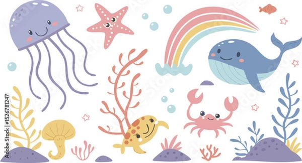 Obraz Cute marina life set with fish, whales, seaweed, marina elements for your design, childish hand drawn sea elements. playful and colorful vector illustration of cute underwater sea animals in a cartoon