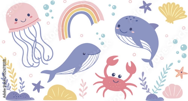 Obraz Cute marina life set with fish, whales, seaweed, marina elements for your design, childish hand drawn sea elements. playful and colorful vector illustration of cute underwater sea animals in a cartoon