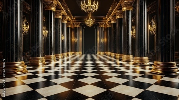 Obraz Elegantly designed palace black hall with marble floor and golden columns