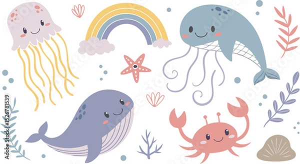 Obraz Cute marina life set with fish, whales, seaweed, marina elements for your design, childish hand drawn sea elements. playful and colorful vector illustration of cute underwater sea animals in a cartoon