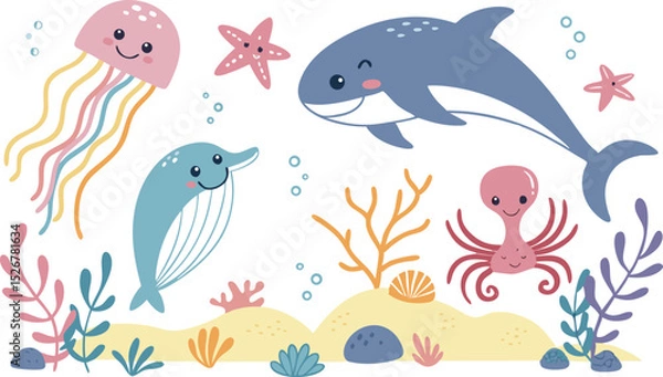 Obraz Cute marina life set with fish, whales, seaweed, marina elements for your design, childish hand drawn sea elements. playful and colorful vector illustration of cute underwater sea animals in a cartoon