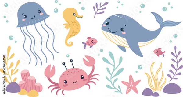 Fototapeta Cute marina life set with fish, whales, seaweed, marina elements for your design, childish hand drawn sea elements. playful and colorful vector illustration of cute underwater sea animals in a cartoon