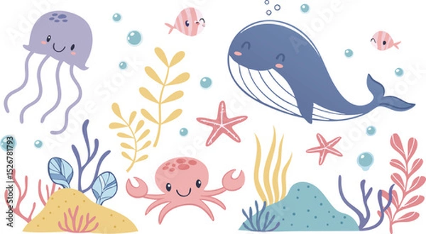 Obraz Cute marina life set with fish, whales, seaweed, marina elements for your design, childish hand drawn sea elements. playful and colorful vector illustration of cute underwater sea animals in a cartoon