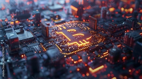 Fototapeta A glowing Bitcoin symbol on a circuit board, representing digital currency and technology