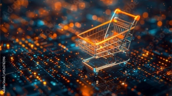 Fototapeta An online shopping cart symbolizing e-commerce and digital transactions. The image showcases a detailed shopping cart against a background of interconnected circuits and data streams