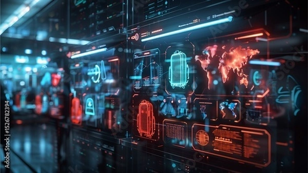 Fototapeta futuristic control room with digital displays showcasing data visualizations. Neon lights create an immersive environment