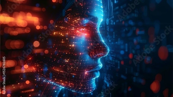Fototapeta Digital face composed of glowing particles, technological concept, artificial intelligence