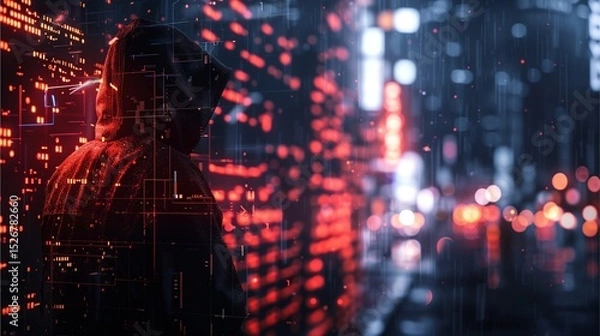 Fototapeta A person in a hooded standing near cyber network data stream in a cityscape, evoking a sense of mystery, danger, and technological intrigue.