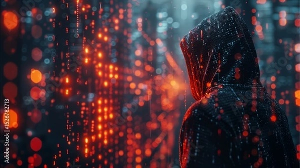 Fototapeta a hooded figure standing amidst a vibrant display of binary code, symbolizing cybersecurity and the digital world