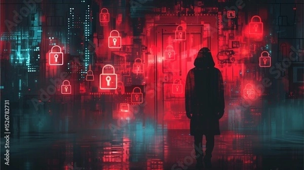 Fototapeta A mysterious figure shrouded in darkness stands before a digital network, surrounded by glowing security locks, emphasizing cybersecurity and data protection.